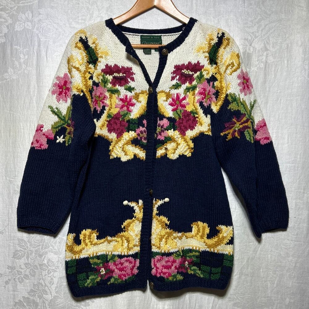 Vintage Cardigan Sweater Cream Navy Small Knitted by Hand Floral Granny Cottage